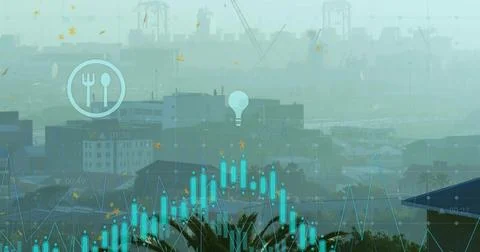 Displaying analytics over harbor with turquoise bars, timestamped line graph, Stock Photos