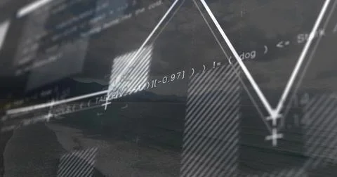 Displaying analytics overlay on lakeside view, with code snippets, bar chart and Stock Photos