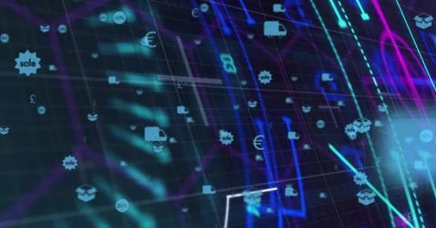 Displaying analytics panel glowing on 3D grid plane, with neon graphs, delivery Stock Photos