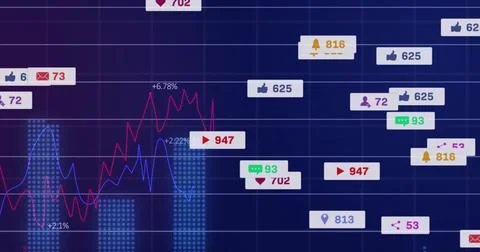 Displaying analytics UI on dark grid, showing multi-color line graph, dotted  Stock Photos