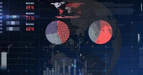 Displaying analytics UI showing dotted globe on navy panel, with pie charts, Stock Illustration