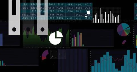 Displaying analytics UI, showing numeric table, pie icon on area chart, bar Stock Illustration