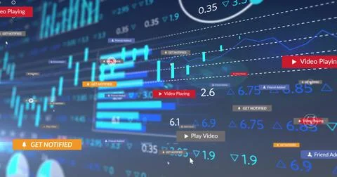 Displaying analytics UI in web interface, tracking bar charts, candlestick Stock Photos