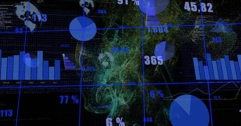 Displaying analytics visualization on-screen dashboard, with blue grid, pie Stock Photos