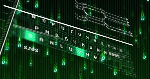 Displaying angled key grid rotating in cyberspace panel, with neon-green keys Stock Photos