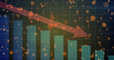 Displaying animated teal bar chart columns with descending red arrow and Stock Footage 309067996