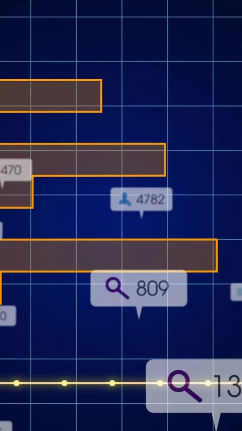 Displaying animation of bar and line graphs, social media metrics on grid Stock Footage 344370427
