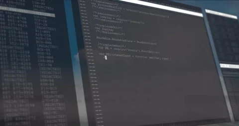 Displaying animation of code on computer screen with cityscape reflection Stock Footage 306267044
