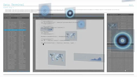 Displaying animation, computer terminal with code and digital interface in Stock Footage 303608635