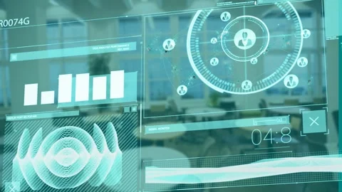 Displaying animation of data analytics and network connections in modern office Stock Footage 327128561