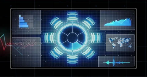 Displaying animation of futuristic data interface with graphs and digital code 스톡 동영상 303555938