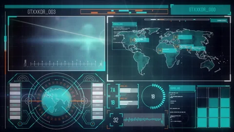 Displaying animation, futuristic digital interface with world map and data Stock Footage 303564192