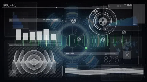 Displaying animation of futuristic digital interface with data analytics at Stock Footage 305059594