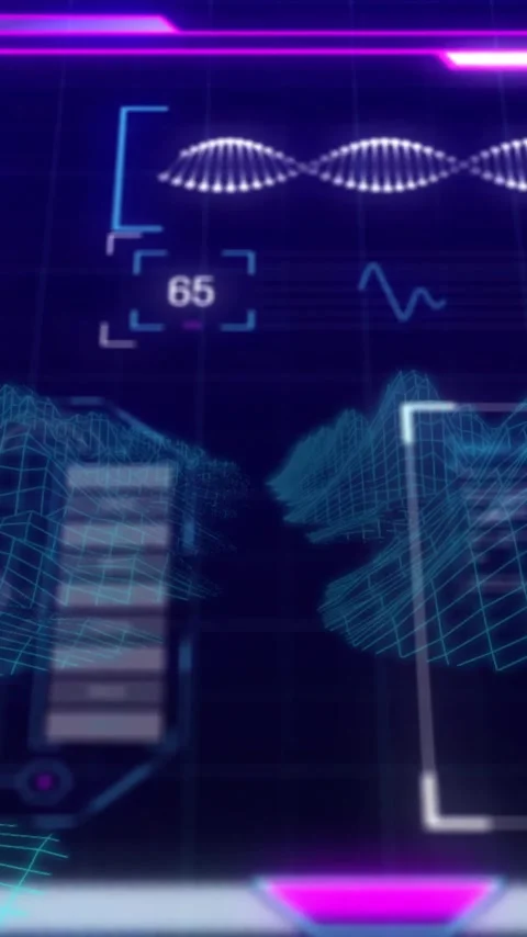 Displaying animation, futuristic digital interface with neon data graphs in Stock Footage 344370307