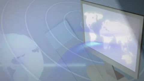 Displaying animation, world map on computer monitor with digital wave patterns Stock Footage 304095859