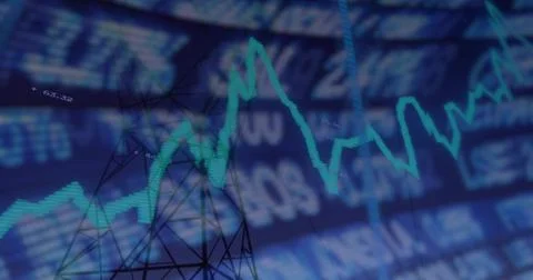 Displaying aqua-colored line graph fluctuating over dashboard, with ticker and Illustrazione stock