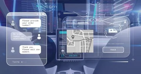 Displaying AR cockpit interface at night, with holographic chat window, map Stock Photos