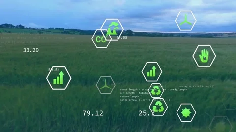Displaying AR hex icons appearing as drone moving over grass field, showing Видео 334036277