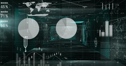 Displaying AR HUD projecting charts, world map and candlesticks in dim tunnel Illustrazione stock