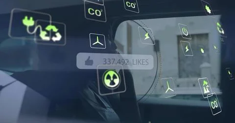 Displaying AR interface with green icons and 337,492 LIKES on parked car window, Stock Photos