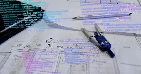 Displaying architectural plan projecting code snippets on office desk, with c Stock Photos