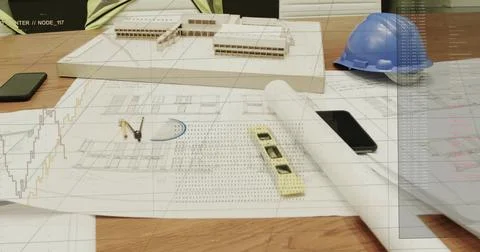 Displaying architectural work area covering design office table, with scale Stock Photos