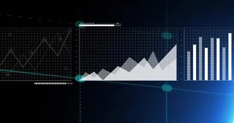 Displaying area chart panel peaks on interface, with three data panels and Foto stock