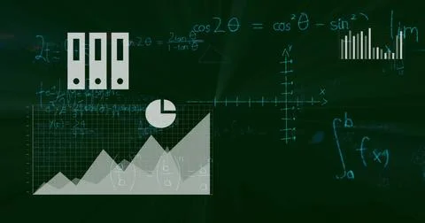 Displaying area chart with peaks on digital chalkboard, with binder icons and Stock Illustration