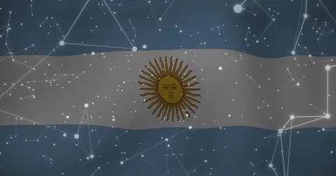 Displaying Argentine flag across dark bluish backdrop, showing golden Sun of Stock Illustration