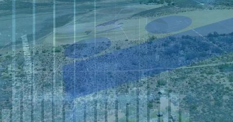 Displaying arid scrubland with data bars, yellow flight paths and blue landing Stock Photos