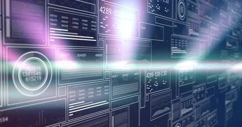 Displaying array of translucent dashboards extending into control room, with Stock Illustration