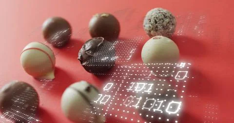 Displaying assorted chocolate truffles and bonbons on red matte tabletop, 스톡 사진