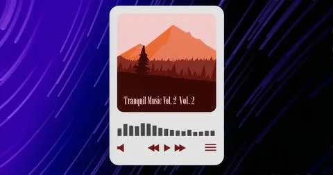 Displaying audio player card floating on abstract interface, with title label Illustrazione stock
