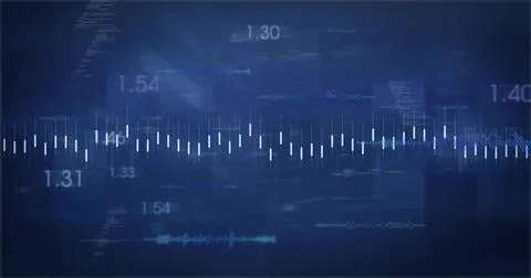 Displaying audio visualizer pulsing on dark navy screen, with equalizer bars and Stock Illustration
