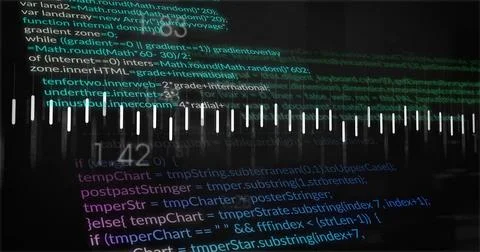 Displaying audio waveform bars overlaying code interface at dark display, with Stock Illustration