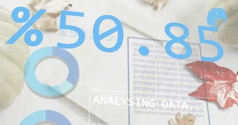 Displaying augmented data overlays on white desk with %50.85, donut charts, b Stock Photos