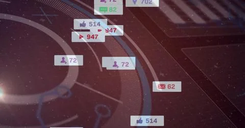 Displaying badges floating above tech dashboard with like, message, follower, 스톡 사진