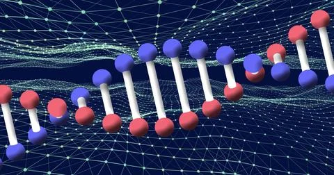 Displaying ball-and-stick molecular chain running in 3D workspace, with red blue Stock Illustration