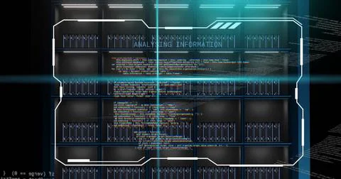 Displaying bank of server racks projecting HUD overlay in data center, with LED Stock Photos