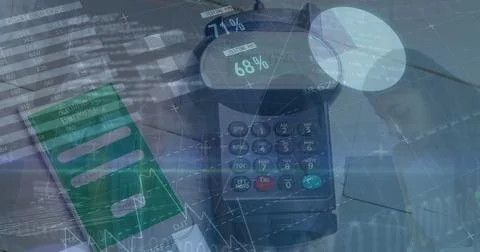 Displaying banking app screen on smartphone and terminal keypad in fintech Foto stock