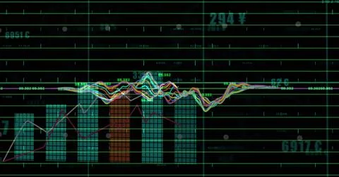 Displaying bar-and-line chart on dark display with gridlines, markers, labels, Stock Illustration