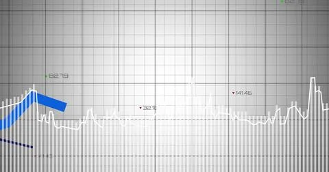 Displaying bar-and-line chart on gray canvas showing bars, white line, blue Ilustración de archivo