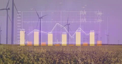 Displaying bar and line chart overlaying yellow field and wind turbines, Stock Photos