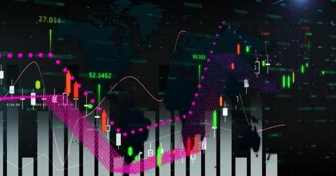 Displaying bar and line graphs visualizing trends at dashboard, with neon labels 스톡 사진