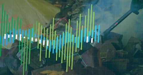 Displaying bar candlestick chart merging with mining scene in studio graphic, Photos