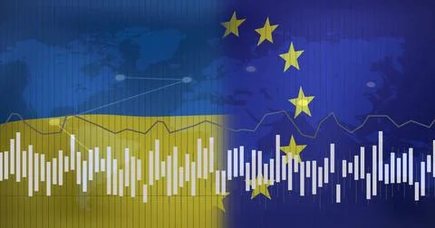 Displaying bar chart and line graph overlaying world map graphic split by Stock Illustration