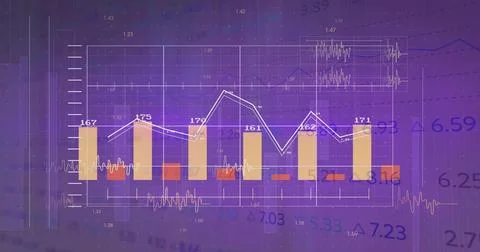 Displaying bar chart and overlaying white line graph on digital dashboard, with Stock Photos