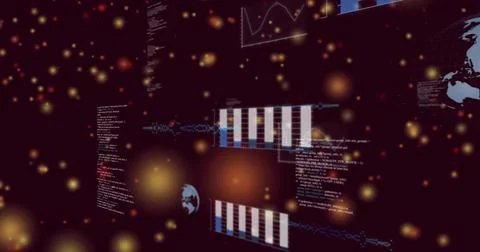 Displaying bar chart panel in 3D dashboard, showing line-graph, code, globes, Illustrazione stock