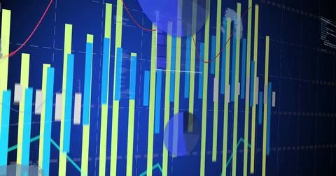 Displaying bar chart with red and teal lines and blue overlays on office Stock Illustration