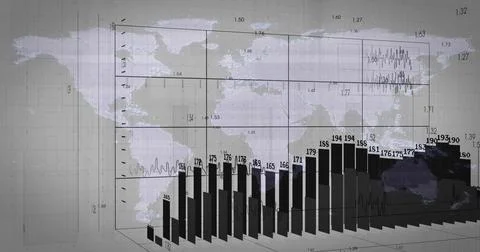 Displaying bar chart rising on 3D grid screen, showing world map overlay, trend Stock Photos